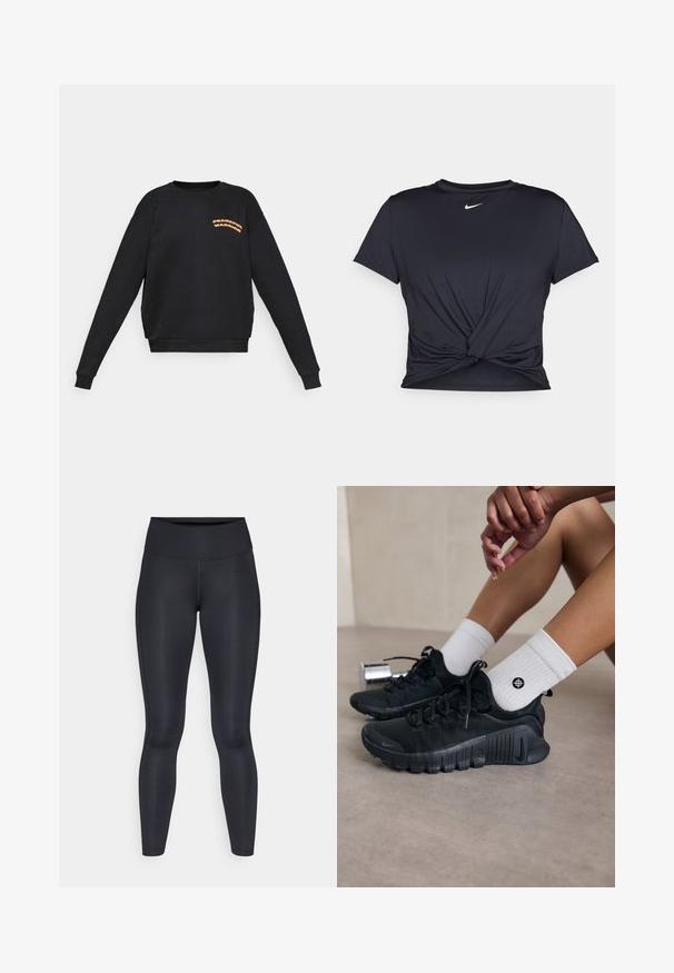 Sudadera negra de manga larga con texto naranja "Guerrero Pacífico" en el lado izquierdo del pecho, cuello redondo y puños y dobladillo acanalados.; Camiseta atlética negra hecha de tela suave, con un diseño de nudo en la parte delantera y un pequeño logo blanco de Nike en el pecho.; Leggings negros hechos de una tela suave y elástica. Cintura alta sin patrones ni acentos visibles. Se ajustan estrechamente desde la cintura hasta los tobillos.; Zapatillas deportivas negras con tejido texturizado, diseño de cordones y una suela prominente, combinadas con calcetines blancos de canalé que presentan un pequeño logo.