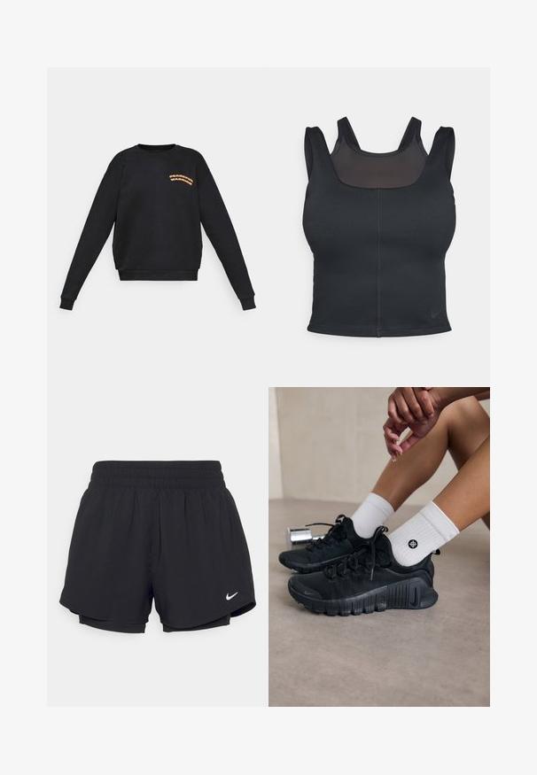 Must have pikkade varrukatega must särk, mille vasakul rinnal on oranž tekst "Rahulik Sõdalane", ümar kaelus ning ribakudumised varrukatel ja allääres.; Mustmust milano spordirinnahoidja, millel on lähedane disain, laiad rihmad ja ees olev võrgusilm. Sile tekstuur ja minimaalne õmblus. Nike logo alläärs.; Mustad mustad lühikesed püksid kokkutõmmatava elastse vöökohtadega, sisemise voodriga ja valge Nike logo alumises vasakus nurgas. Sile, kerge kangas.; Mustad must спортjalatsid tekstuurse kangaga, nöörimise disainiga ja silmapaistva tallaga, koos valgete ribafreeside sokkidega, millel on väike logo.