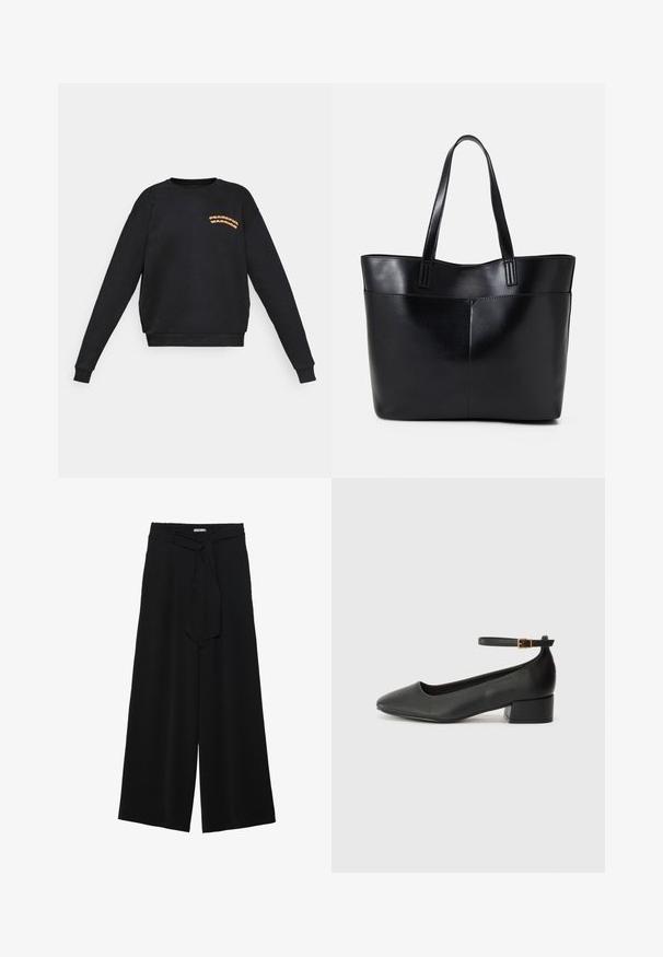 Black long-sleeve sweatshirt with orange "Peaceful Warrior" text on the left chest, crew neck, and ribbed cuffs and hem.; Black wide-leg pants featuring a textured fabric, an elastic waistband, and a detachable sash tie at the waist for adjustable fit.; Black leather pump with a pointed toe and a low block heel. Features an ankle strap with a gold-tone buckle. Smooth texture.; Black leather tote bag with two long handles, a smooth texture, and a structured shape. Features a front pocket for additional storage.