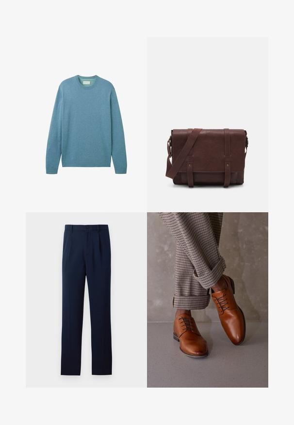 Maglione azzurro chiaro realizzato in morbido tessuto, con maniche lunghe e collo rotondo. I polsini e l'orlo a costine aggiungono texture. Nessun motivo visibile.; Tre camicie a maniche lunghe: azzurra chiara, bianca e blu navy. Tutte hanno un colletto classico e una chiusura con bottoni, realizzate in tessuto liscio.; Pantaloni blu navy realizzati in tessuto liscio, con chiusura a un bottone, pieghe e gambe dritte. Design minimalista senza motivi di rilievo.; Le scarpe in pelle marrone presentano una punta arrotondata, un design con cinque occhielli per i lacci e lacci scuri a contrasto. I pantaloni sono a scacchi, arrotolati sui polsini.; Borsa a tracolla in pelle marrone con un davanti piatto, due cinghie, dettagli in metallo dorato e una tracolla regolabile.