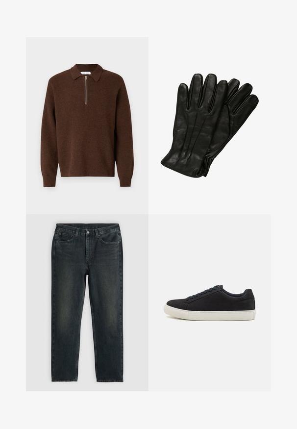 Pull en maille côtelée marron avec une fermeture éclair étroite au col. Manches longues et tissu tricoté texturé.; Jean en denim bleu foncé à coupe droite, avec cinq poches, une fermeture éclair et des coutures contrastées. Légère décoloration sur le tissu.; Baskets en suede noires avec un bout rond, semelle en caoutchouc blanche, lacets bleus contrastants et texture lisse. Design minimaliste sans logo visible.; Gants en cuir noir avec une texture lisse, cinq doigts et de subtils détails de couture. Design classique, adapté à une utilisation par temps froid.