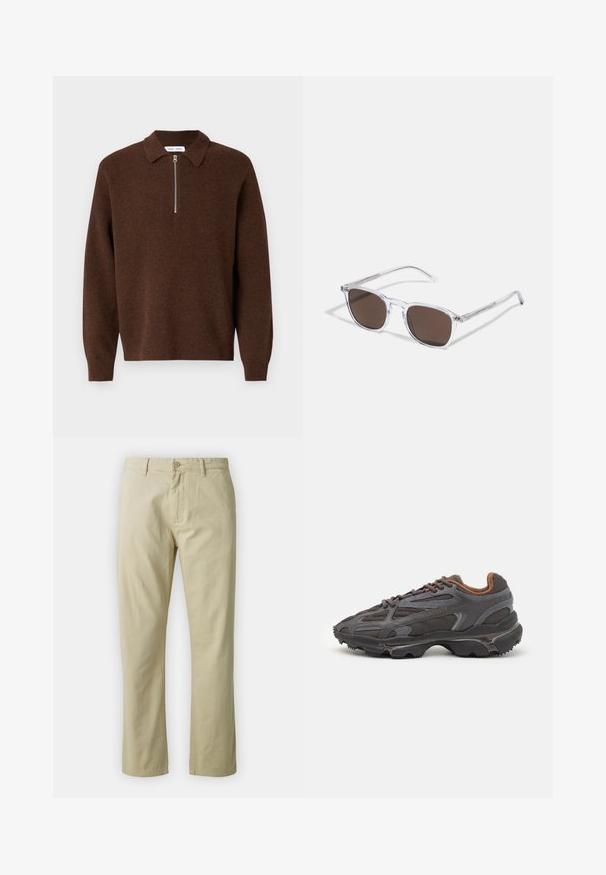 Suéter marrón de canalé con una cremallera estrecha en el cuello. Mangas largas y tejido de punto texturizado.; Pantalones de algodón beige con un diseño de pierna recta, cierre frontal con botón y presillas para cinturón. Textura suave, sin patrones ni acentos visibles.; Zapatillas Lacoste en gris oscuro con material de malla y sintético, que cuentan con una suela texturizada y detalles en marrón en el cuello y la marca.; Gafas de sol de plástico transparente con lentes marrones rectangulares, que cuentan con finas varillas transparentes y acentos metálicos en las patillas.