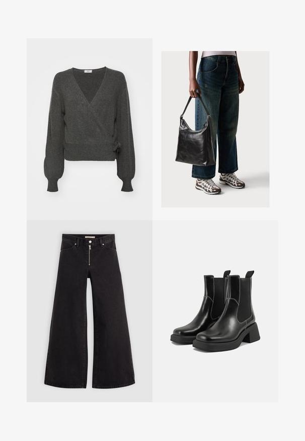 Suéter envolvente de color gris carbón, confeccionado en un material de punto suave, con mangas largas y ligeramente abullonadas, y detalle de nudo en el lado izquierdo.; Jeans de pierna ancha en denim negro con cierre frontal, diseño de cinco bolsillos y detalles de costura sutiles. Textura suave y estilo casual.; Botas Chelsea de cuero negro con tacón grueso, paneles laterales elásticos y costuras en blanco que contrastan. Acabado texturizado.; Bolso de hombro de cuero negro con una textura suave y correa ajustable, combinado con jeans de pierna ancha desgatados y zapatillas deportivas.