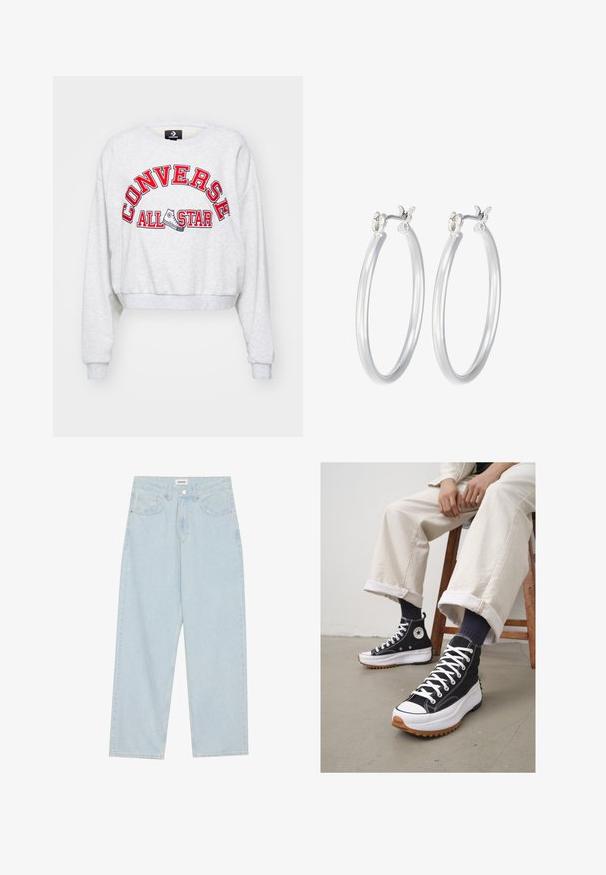 Šedá zkrácená mikina s dlouhými rukávy, na přední straně s červenou vyšitou textem "CONVERSE ALL STAR" a grafikou tenisky.; Světle modré široké džíny z denimu, s mid-rise pasem, pěti kapsami a knoflíkovým zapínáním s úzkým kovovým akcentem.; Černé vysoké tenisky s bílými tkaničkami a gumovým ochranným špičkou. Silná bílá podešev s texturovanou hnědou podrážkou, nošeny s námořnickými pruhovanými ponožkami.; Stříbrné kruhové náušnice s hladkým, lesklým povrchem. Kulatý tvar a bezpečné zapínání na klip. Lehký design vhodný pro každodenní nošení.
