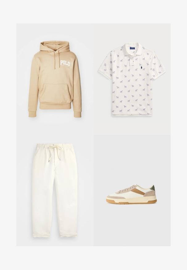 Μπεζ φούτερ με τσέπη καγκουρό, κουκούλα με κορδόνι και λογότυπο "POLO" σε άσπρο στο στήθος. Λείος ύφασμα με ριγωτές μανσέτες και στρίφωμα.; Λευκό polo μπλουζάκι από βαμβάκι, με επαναλαμβανόμενο μπλε σχέδιο σκύλων και μικρό μπλε λογότυπο στο στήθος. Κοντά μανίκια και γιακάς.; Απαλή κρέμα, χαλαρές παντελόνες φτιαγμένες από μαλακό ύφασμα. Διαθέτουν ελαστική μέση με κορδόνι, και σχέδιο κωνικού ποδιού.; Αθλητικά παπούτσια σε μπεζ, κρεμ και ελαιοπράσινο χρώμα, κατασκευασμένα από σουέτ και δέρμα, με στρογγυλή μύτη, μινιμαλιστικό σχέδιο και καουτσούκ σόλα.