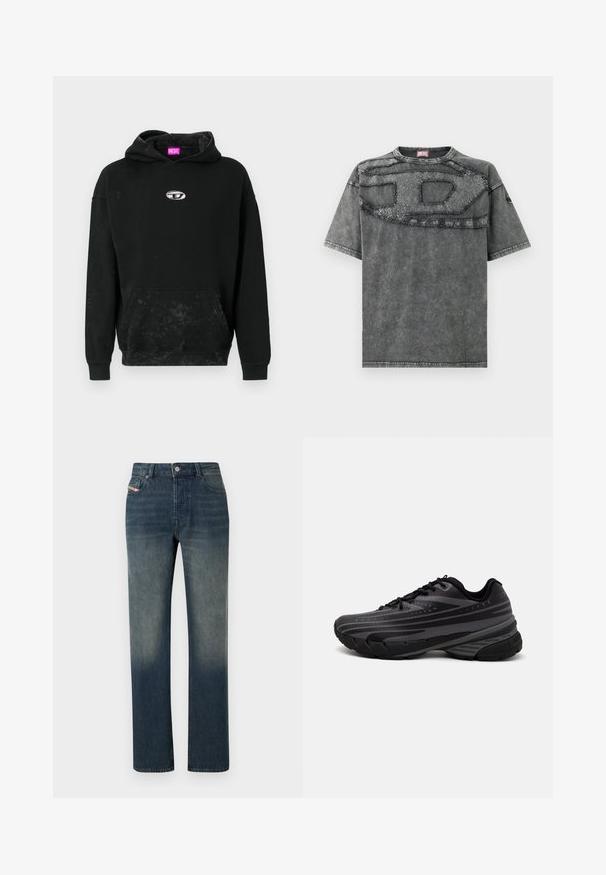 Svart hettegenser laget av en bomullsblanding, med en frontlomme i kengurustil, en sølvfarget logoakcent og en teksturert overflate med subtile misfarginger.; Grå denim T-skjorte med korte ermer, med et strukturert lapptrekksdesign over brystet og subtile, slitte detaljer på stoffet.; Blå denim jeans med rette ben, falmet vask, knapp- og glidelåslukking foran, og fem-lommer design.; Svarte joggesko med en teksturert overdel som har grå striper. Tykk såle for demping, rund tå og flate snører for en sikker passform.