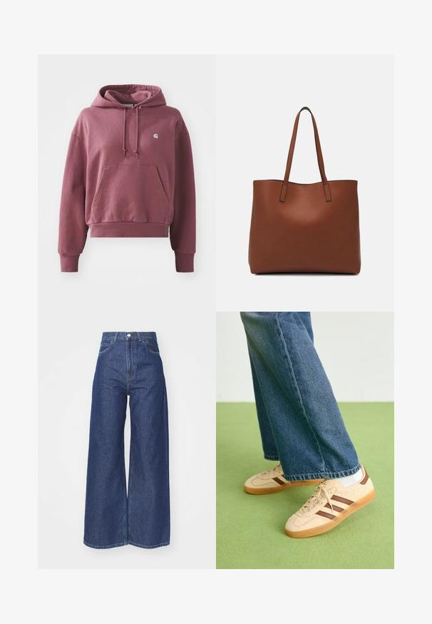 Burgundijska dukserica od mješavine pamuka, s prednjim džepom, podesivim kapuljačom s vezicom, i rebrastim manžetama i donjim rubom. Mali logotip na prsima.; Sirove traperice od tamnoplavog denima. Visoki struk s patentnim zatvaračem i gumbom. Ima klasičan stil s pet džepova i obrubljenim rubovima.; Bež tenisice s teksturiranim kremastim panelima i smeškim prugama, u kombinaciji s plavim trapericama. Traperice imaju široke nogavice i poderane rubove.; Smeđa kožna torba preko ramena s glatkom teksturom, otvorenim vrhom i dvjema naramenicama. Ima minimalne šavove i nema vidljivog hardvera.