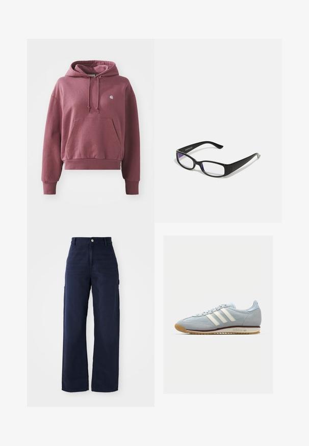 Burgundia kapuutsärk, mis on valmistatud puuvilla segust, esiküljel on tasku, reguleeritav nööriga kapuuts ning soonikkoes varrukad ja alläär. Väike logo rinnal.; Tumed sinised laiad cargo püksid, valmistatud vastupidavast puuvillakangast, küljetaskute ja nup closure'iga vööl.; Heledad sinine sametist tennis, millel on valged kolm triipu, kummitald ja tekstureeritud sisu. Tooteomadused hõlmavad sujuvat varbakatet ja brändingut kontsapooles.; Mustad mustad prillid selgete läätsedega. Läikiv viimistlus, kitsad vars, ja läätsede servadel on nähtav lilla varjund.