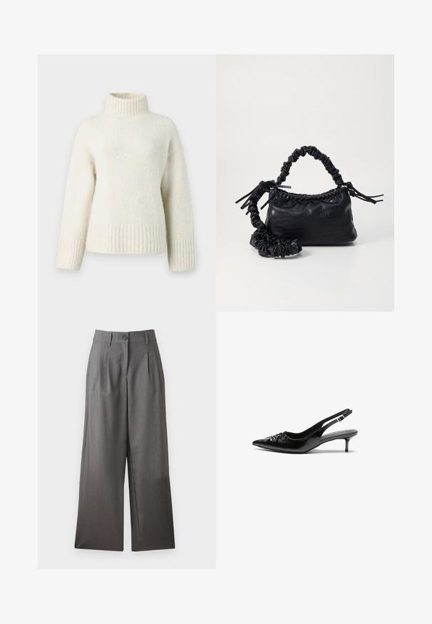 Suéter de tricô de cor creme com gola alta, ombros caídos e punhos e bainha canelados. O tecido macio e texturizado proporciona calor.; Calças largas em tecido cinza escuro, com fecho de botão, pregas na frente e textura suave. Sem padrões ou acentos visíveis.; Sapatos de salto alto slingback em couro preto com bico fino, pequeno salto kitten e um detalhe decorativo em forma de nó na parte da frente. Textura suave em toda a parte.; Bolsa de mão em couro sintético preto com textura de crocodilo, topo franzido e alça enrugada. Apresenta um design suave e compacto.