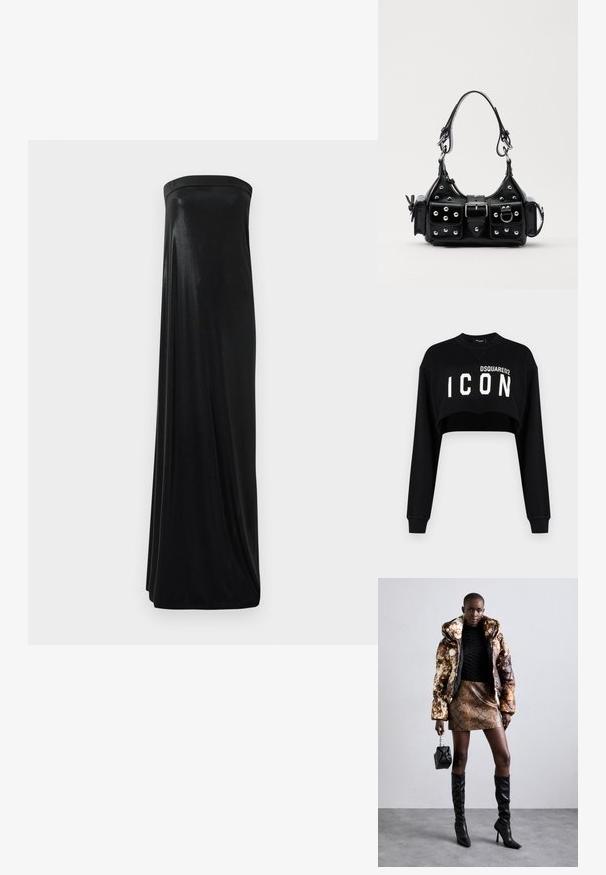Sort cropped sweatshirt med lange ærmer, der har "DSQUARED2 ICON" i fed hvide bogstaver over forsiden. Blødt stof, rund halsudskæring.; Sort stropløs maxikjole lavet af glat, skinnende stof. Har en tætsiddende bodice og en svungende silhuet, der når gulvet uden udsmykninger.; Pufferjakke med et brunt og sort mønster, parret med en brun slangeskinds mini nederdel, sorte støvler op til knæet og en lille sort taske.; Sort læderhåndtaske med et buet design, prydet med sølvfarvede nitter, en spænde og to sidelommer. Justerbar rem til forskellige bære muligheder.