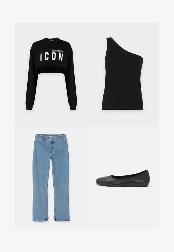 Černá zkrácená mikina s dlouhými rukávy, na přední straně s výrazným bílým nápisem "DSQUARED2 ICON". Měkká tkanina, kulatý výstřih.; Jednobarevný černý tank top s jedním ramenem, který má přiléhavý střih a jemnou strukturu. Disponuje čistým, minimalistickým střihem a hladkým výstřihem.; Světlé modré džíny rovného střihu s knoflíkovým a zipovým zapínáním, poutky na opasek a standardním švem na bílém pozadí.; Černé kožené baletní byty s kulatou špičkou, hladkou texturou, minimálními švy a flexibilním designem podrážky.