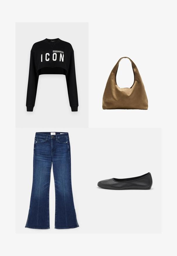 Sweat-shirt noir court avec manches longues, présentant "DSQUARED2 ICON" en lettres blanches en gras sur le devant. Tissu doux, col rond.; Jean évasé bleu foncé en denim. Il présente une taille haute, des poches avant et des fentes au bas. Design classique à cinq poches.; Ballerines en cuir noir avec un bout rond, texture lisse, détails de couture minimalistes et design de semelle flexible.; Sac à épaule en tissu marron avec un corps large et arrondi et une grande poignée découpée. Texture douce, design minimaliste et aucun matériel visible.