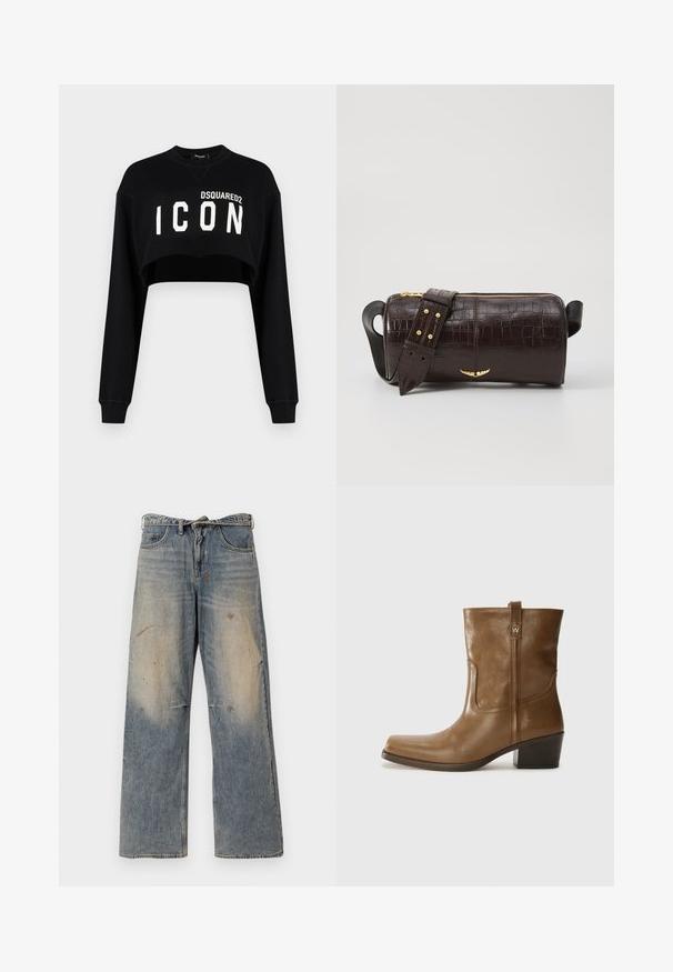 Črna skrajšana dukserica z dolgimi rokavi, z izrazitim belim napisom "DSQUARED2 ICON" na sprednji strani. Mehak material, okrogla ovratnica.; Svijetloplave traperice s labavim ravnim krojem. Imaju izbledele detalje, tragove habanja i oštećenja u području koljena. Klasičan stil s pet džepova.; Rjave usnjene gležnjarje s kvadratnim nosom, teksturirano površino in nizko kvadratno peto. Imajo zadnji trak za enostavno obuvanje in subtilne šivane detajle.; Brah blaženka iz rjavega usnja z embosiranim krokodilom, cilindrične oblike, zlatih kovinskih elementov in odstranljivim pasom, ki vsebuje žebljičke.