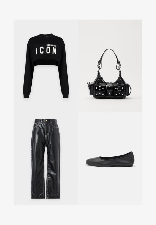 Schwarzes, kurz geschnittenes Sweatshirt mit langen Ärmeln, das auf der Vorderseite in fetter, weißer Schrift "DSQUARED2 ICON" trägt. Weicher Stoff, Rundhalsausschnitt.; Schwarze Kunstlederhosen mit weitem Schnitt, ausgestattet mit weißen Nähten, frontalen Taschen und einem goldenen Knopf am Bund.; Schwarze Leder-Ballettschuhe mit abgerundeter Spitze, glatter Textur, minimalen Nähdetails und einem flexiblen Sohlen-Design.; Schwarze Lederhandtasche mit einem geschwungenen Design, verziert mit silbernen Nieten, einer Schnalle und zwei seitlichen Taschen. Verstellbarer Träger für verschiedene Tragemöglichkeiten.