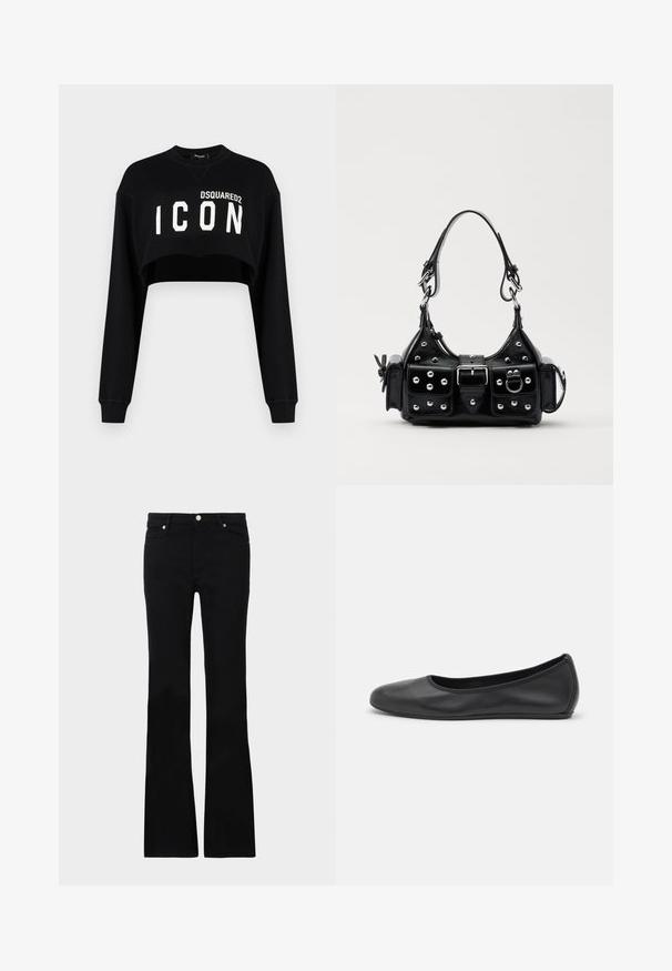 Mustad lühike dressipluus pikad varrukad, mille ees on suurte valgete tähtedega "DSQUARED2 ICON". Pehme kangas, ümmargune kaelus.; Mustad teksased, millel on flared lõige, kaks esi-taskut, nööbiga kinnitamine ja sile tekstuur. Tootemärgistus on nähtav õmblustes.; Musthave mustika tantsutossud mustast nahast, ümmarguse varbaga, siledast tekstuurist, minimaalse õmblusdetailiga ja paindliku tallakujundusega.; Must värvi nahast käekott, millel on kaarjas disain, hõbedased nupukesed, kinnitusahe ja kaks külgtaskut. Reguleeritav rihm erinevate kandmisvõimaluste jaoks.