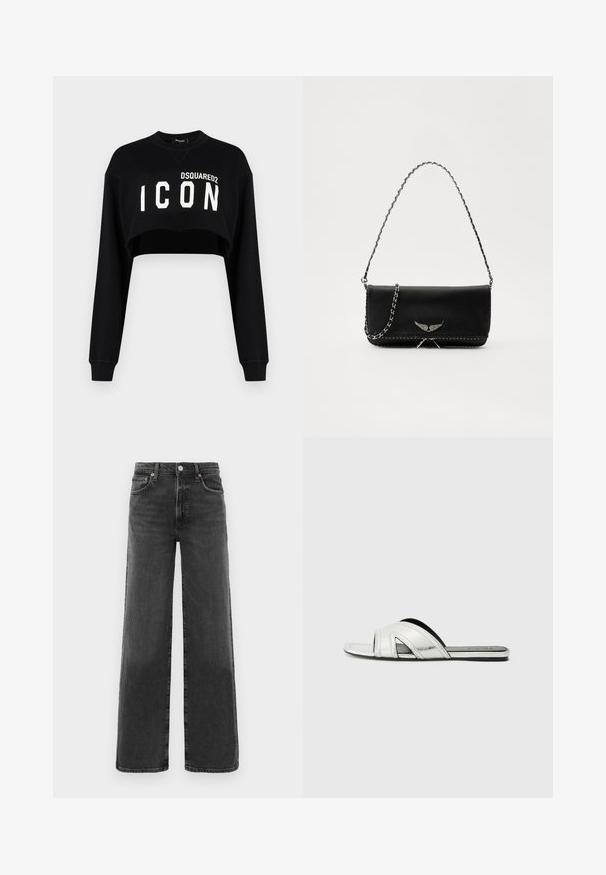Black cropped sweatshirt with long sleeves, featuring "DSQUARED2 ICON" in bold white lettering across the front. Soft fabric, crew neckline.; Black high-waist straight-leg denim jeans with front button and zipper, two front pockets, and two back pockets.; Silver flat slide sandals with a metallic finish, featuring a curved strap design, cut-out accents, and a textured sole for grip.; Black leather handbag with a silver chain strap, featuring decorative wing accents and white stitching along the bottom seam.