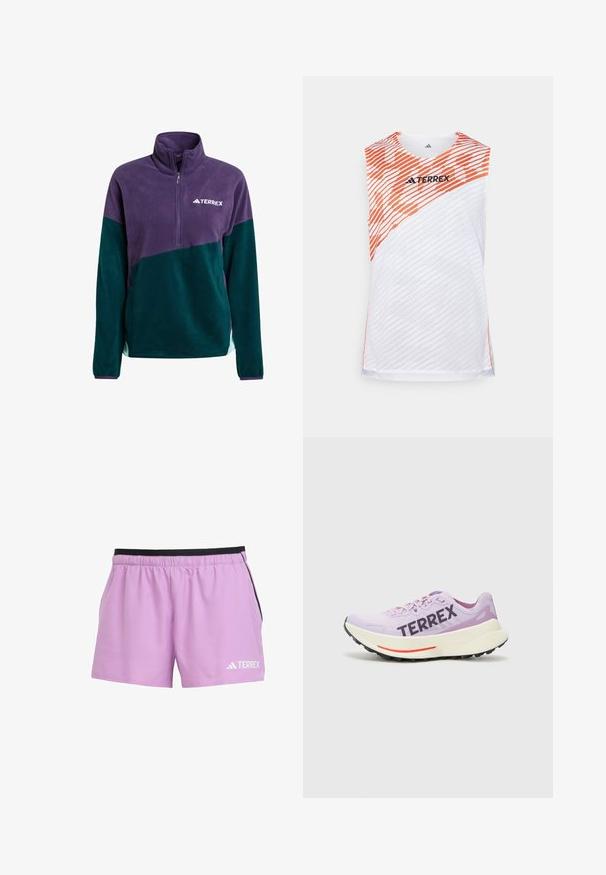 Purple and dark green zip-up fleece pullover featuring a high collar and a small white logo on the chest. Soft texture, sporty design.; White sleeveless athletic top with orange diagonal stripes, textured surface, and "TERREX" logo on the upper front.; Light purple athletic shorts with an elastic black waistband, side pockets, and a white "TERREX" logo on the lower front left.; Purple running shoe with breathable mesh upper, prominent "TERREX" logo, white midsole, and black rubber outsole with red accent.