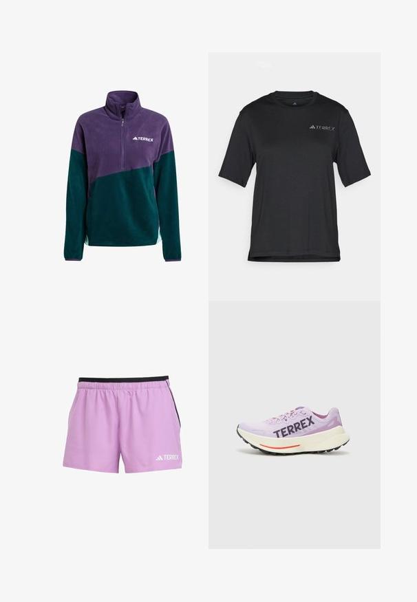 Pullover in fleece con zip, di colore viola e verde scuro, caratterizzato da un alto colletto e un piccolo logo bianco sul petto. Texture morbida, design sportivo.; T-shirt nero a maniche corte realizzato in tessuto leggero. Presenta un colletto a girocollo e un piccolo logo bianco "TERREX" sul petto.; Shorts atletici viola chiaro con una cintura elastica nera, tasche laterali e un logo bianco "TERREX" sulla parte bassa anteriore sinistra.; Scarpa da corsa viola con tomaia in mesh traspirante, logo "TERREX" ben visibile, intersuola bianca e suola in gomma nera con accenti rossi.