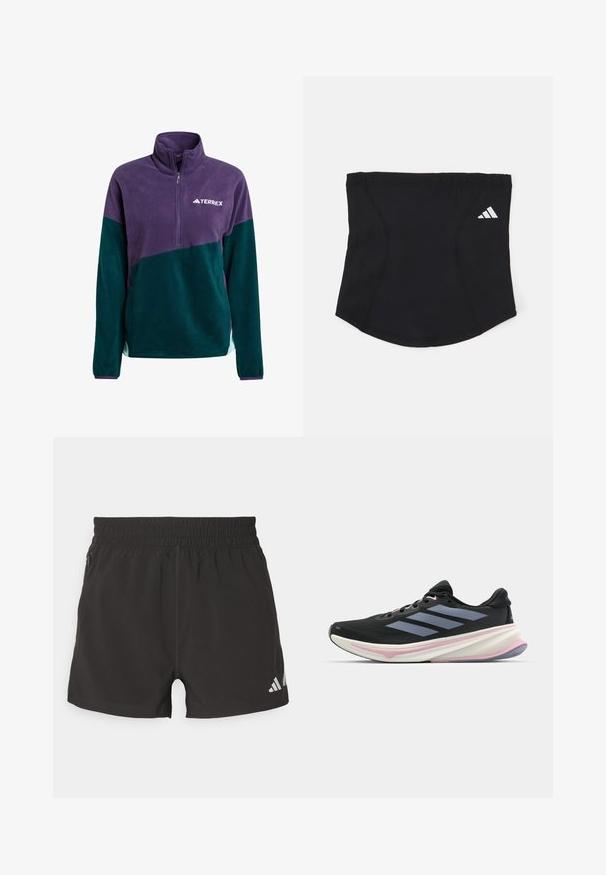 Purppura ja tumma vihreä vetoketjupulloke, jossa on korkea kaulus ja pieni valkoinen logo rinnassa. Pehmeä tekstuuri, urheilullinen muotoilu.; Mustat urheilushortsit, jotka on valmistettu kevyestä materiaalista. Niissä on joustava vyötärönauha, sivutasku vetoketjulla ja heijastava logo hemmassa.; Musta juoksukengä, jossa on verkkomateriaali päällinen, vaaleanpunaiset korostukset ja kolme vaakasuoraa harmaata raitaa. Varustettu pehmeällä pohjalla mukavuutta varten.; Musta urheilupanta, jossa on sileä pinta, kaareva muoto ja joustava yläosa. Sivussa on pieni valkoinen Adidas-logo.