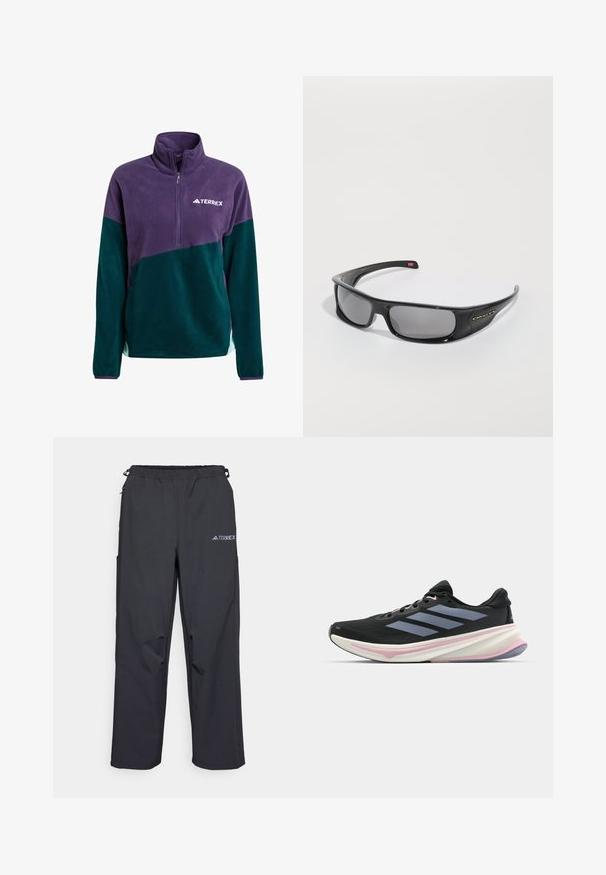 Pullover in fleece con zip, di colore viola e verde scuro, caratterizzato da un alto colletto e un piccolo logo bianco sul petto. Texture morbida, design sportivo.; Pantaloni leggeri neri per esterni con vita elasticizzata, tasche laterali e un logo sulla coscia destra. Tessuto liscio e resistente all'acqua.; Scarpa da corsa nera con tomaia in rete, accenti di un violaceo chiaro e tre strisce orizzontali grigie. Presenta una suola imbottita per il comfort.; Occhiali da sole neri Oakley a fascia con lenti rettangolari scure e braccia curve su uno sfondo bianco semplice.