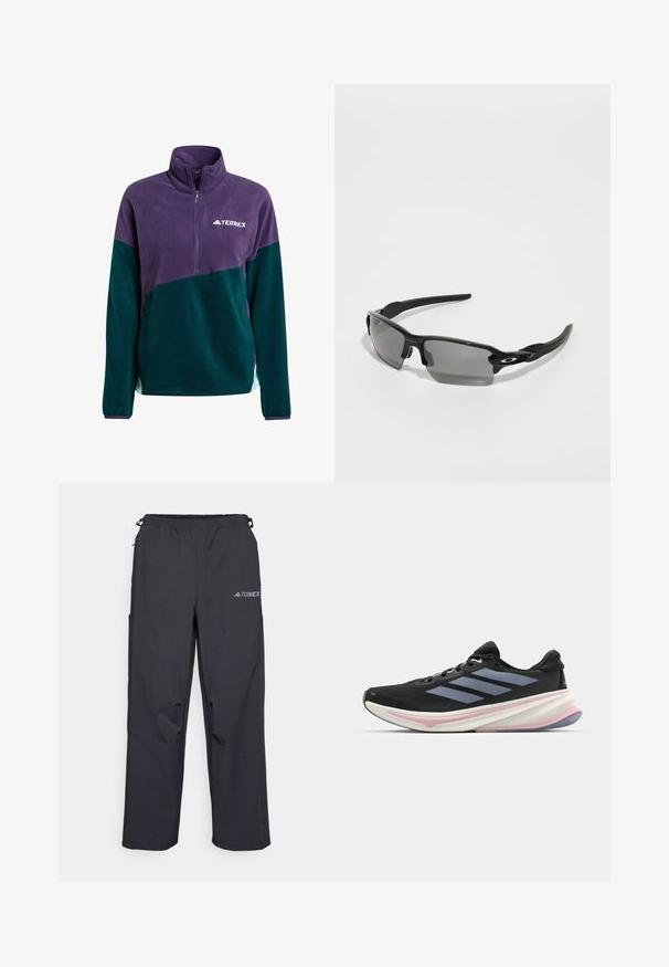 Pulóver de forro polar con cremallera en color morado y verde oscuro, que presenta un alto cuello y un pequeño logo blanco en el pecho. Textura suave, diseño deportivo.; Pantalones outdoor ligeros y negros con cintura elástica, bolsillos laterales y un logo en la parte superior de la pierna derecha. Tejido liso y resistente al agua.; Zapatilla de correr negra con parte superior de malla, acentos en púrpura claro y tres franjas grises horizontales. Cuenta con una suela acolchada para mayor comodidad.; Gafas de sol deportivas negras con lentes grises, diseño de marco curvado y detalle del logotipo en el lateral. Fabricadas en un material plástico ligero.