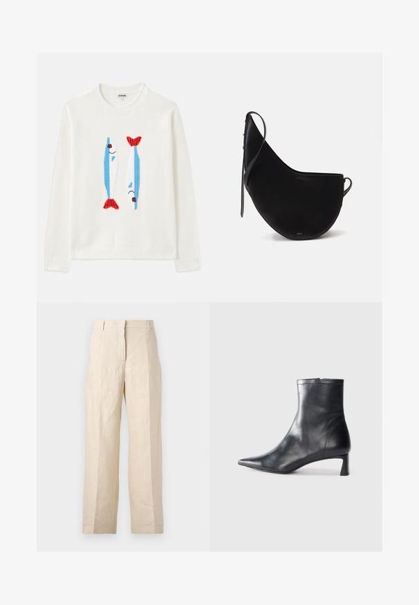 Suéter blanco con cuello y puños acanalados que presenta dos peces bordados en azul y rojo con ojos negros y bocas sonrientes.; Pantalones de lino beige con un corte holgado, frente plisado y piernas rectas. Presenta una cintura con pasadores para cinturón y sin bolsillos visibles.; Botín de cuero negro hasta el tobillo con punta afilada y un diseño elegante. Presenta un tacón bajo y un cierre con cremallera en la parte trasera. Textura suave.; Bolso de mano de piel negra con forma de luna curva, que presenta una correa delgada y un sutil logo dorado en la parte frontal. Textura suave con herrajes mínimos.