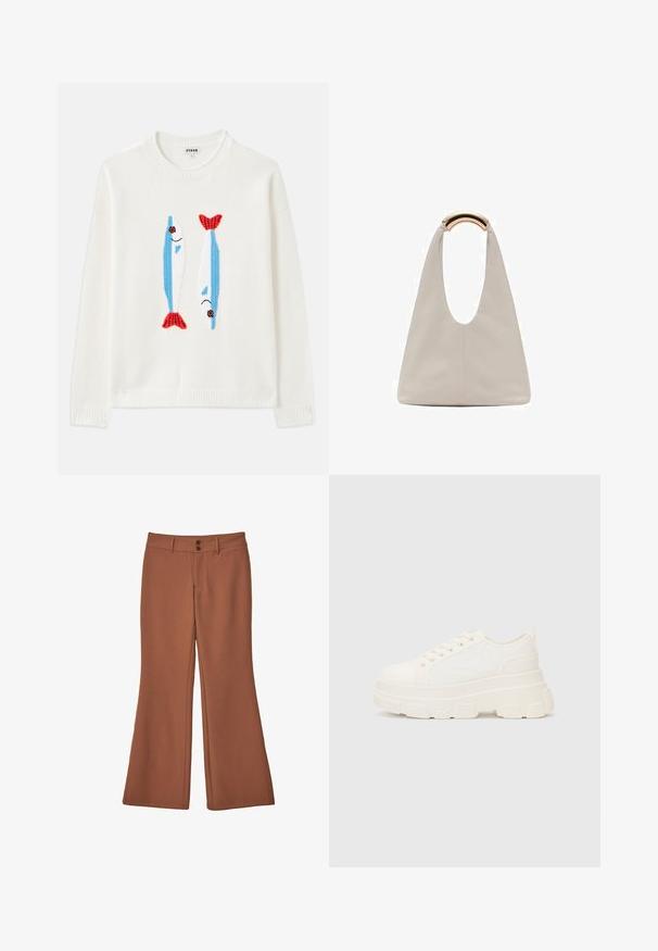 Bijela majica s rebrastim ovratnikom i manžetama ima dva izvezena ribica u plavoj i crvenoj boji s crnim očima i nasmiješenim ustima.; Smeđe široke hlače od mekog materijala. Imaju dva prednja dugmeta i glatku teksturu bez vidljivih uzoraka ili akcenta.; Bijela platnena tenisica s debelim potplatom, zaobljenim vrhom i pet rupica za vezice. Stražnji tab za jednostavno obuvanje. Glatka tekstura, minimalistički dizajn.; Svijetlosivi kožni torba s oblikom u slovo U i zakrivljenim metalnim drškom. Glatka tekstura s minimalnim šavovima i bez vidljivih uzoraka.