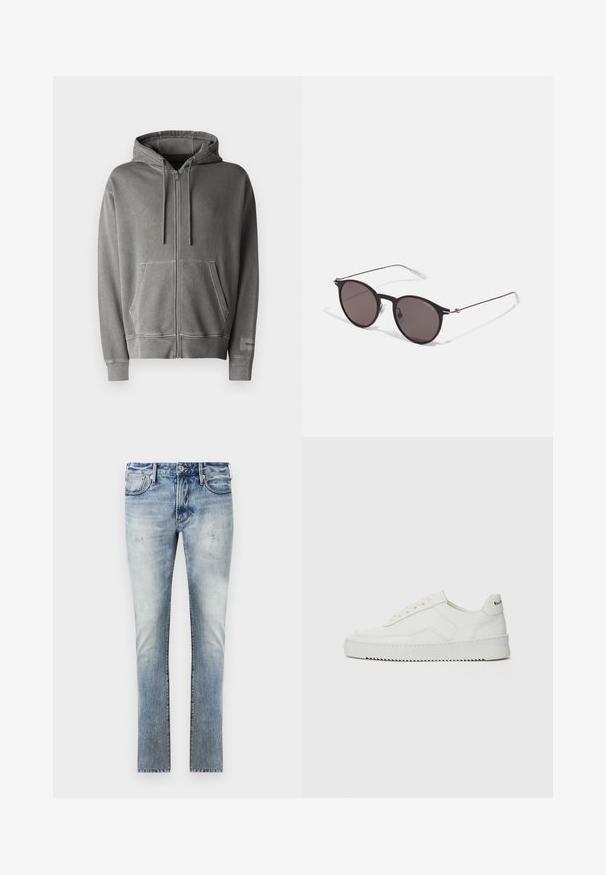 Zadig & Voltaire SACHA STUDIO - Hoodie - medium grey; Light blue denim jeans with a faded finish, slim fit design, five pockets, and contrasting stitching at the seams.; White leather sneaker with a smooth finish, round toe, flat laces, and a textured sole. Features a subtle logo on the heel.; Black round sunglasses with dark lenses and slim metal arms. Includes clear temple tips and silver accents at the hinge. Minimalist design.