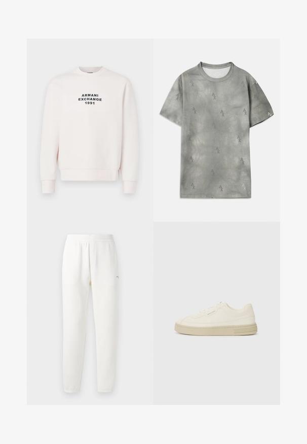 Rózsaszín pulóver kerek nyakkivágással, hosszú ujjakkal és bordás mandzsettákkal. A mellen középen, fekete betűkkel szerepel az "ARMANI EXCHANGE 1991" felirat.; Szürke pamut póló, diszkrét AX logó mintával, kerek nyakkal, rövid ujjakkal és laza szabással. Simaszerkezet, enyhén kopott stílussal.; Fehér, puha szövetből készült melegítőnadrág, elasztikus derékrésszel, szűkülő lábakkal és egy kis logóval a bal oldalon.; Fehér vászon sportcipők texturált gumitalppal, varrott orral és logóval díszített sarokkal. Egyszerű fűzős kialakítás.