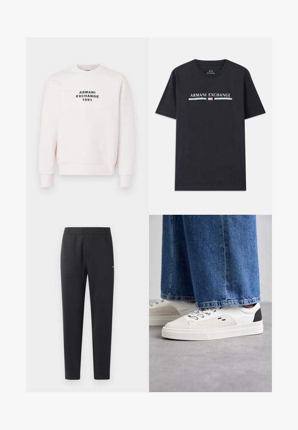 Rózsaszín pulóver kerek nyakkivágással, hosszú ujjakkal és bordás mandzsettákkal. A mellen középen, fekete betűkkel szerepel az "ARMANI EXCHANGE 1991" felirat.; Fekete pamut póló, amelyen az "Armani Exchange" logó és a "1991" felirat fehér és világoskék szövegezéssel szerepel a mellrészén. Rövid ujjú, kerek nyakú.; Fekete sportnadrág puha anyagból, rugalmas derékpánttal, egyenes szárakkal és egy kis logó részlettel az oldalán.; Fehér és fekete sportcipők sima bőrből készült felsőrésszel, texturált díszítésekkel és vastag fehér talppal. Klasszikus fűzős kivitel jellemzi.