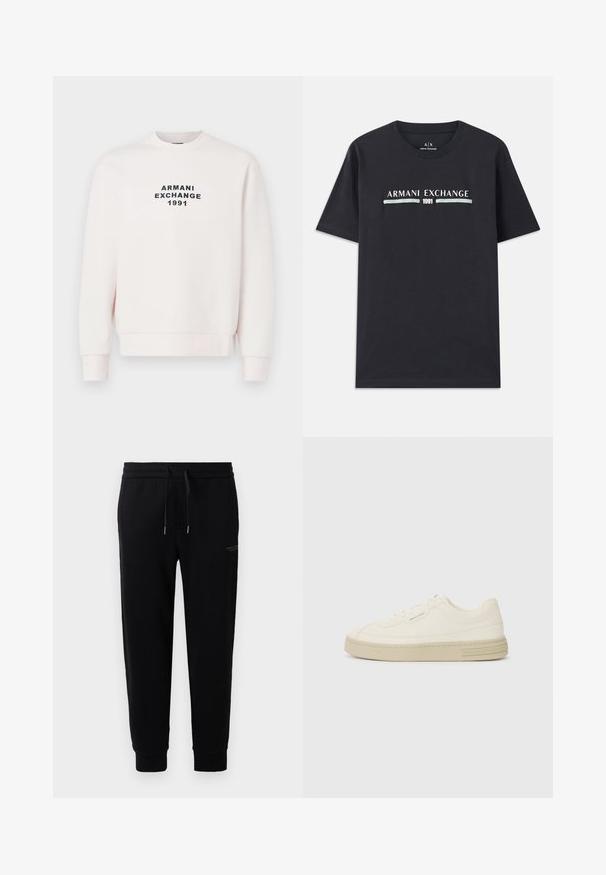 Pink sweatshirt with round neckline, long sleeves, and ribbed cuffs. Features "ARMANI EXCHANGE 1991" in black text centered on the front.; Black cotton t-shirt featuring "Armani Exchange" logo and "1991" in white and light blue text across the chest. Short sleeves, crew neckline.; Black jogger pants made of cotton blend, featuring an elastic waistband with drawstring, cuffed ankles, and a subtle logo print on the side.; White canvas sneakers with a textured rubber sole, featuring a stitched toe cap and logo accent on the heel. Simple lace-up design.
