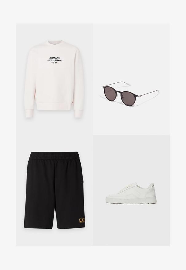 Pink sweatshirt with round neckline, long sleeves, and ribbed cuffs. Features "ARMANI EXCHANGE 1991" in black text centered on the front.; Black athletic shorts made of soft fabric,Featuring an elastic waistband and a small yellow EA7 logo on the lower left leg.; White leather sneaker with a smooth finish, round toe, flat laces, and a textured sole. Features a subtle logo on the heel.; Black round sunglasses with dark lenses and slim metal arms. Includes clear temple tips and silver accents at the hinge. Minimalist design.