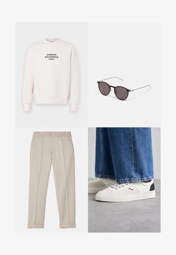 Rosa sweatshirt med rund halsringning, långa ärmar och ribbade manschetter. Har "ARMANI EXCHANGE 1991" tryckt i svart text centrerat på framsidan.; Filippa K TERRY CROPPED TROUSERS - Tygbyxor - sage melange; Vita och svarta sneakers med en slät läderöverdel, texturerade detaljer och en kraftig vit sula. Har en klassisk snörningsdesign.; Svarta runda solglasögon med mörka linser och smala metallarmar. Inkluderar klara tempeltips och silverdetaljer vid gångjärnet. Minimalistisk design.
