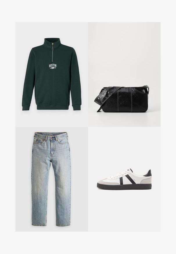 Dark green pullover sweatshirt with a quarter zip. Features "BOSTON 1998" in white lettering on chest. Made of soft, textured fabric.; Light blue denim jeans with high waist, front button, zipper, and five-pocket design, laid flat on a neutral background.; White sneaker with black and gray accents, featuring a textured gray toe cap, black rubber sole, and flat white laces. Clean design, minimalist style.; Black leather shoulder bag with a zip closure, featuring a textured body, white stitching, and a strap with silver grommets.
