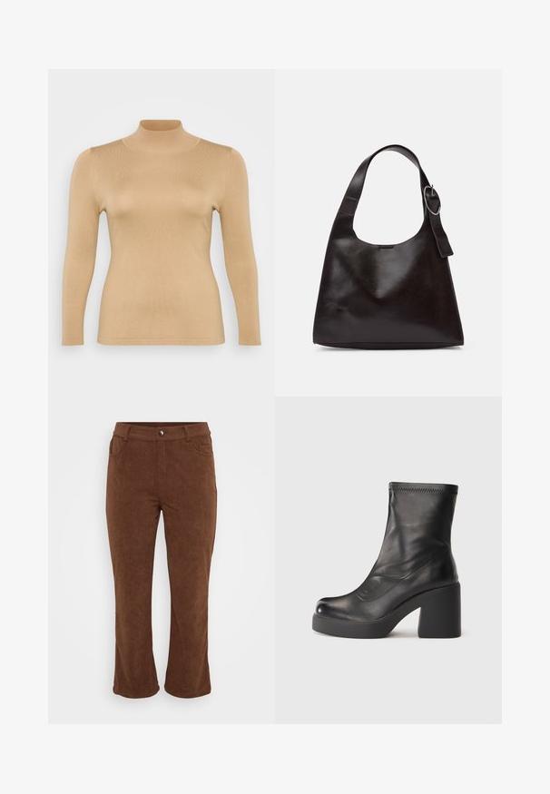 Bežna majica s turtleneck ovratnikom, dugim rukavima, rebrastom teksturom, uskim krojem i visokim ovratnikom. Glatki materijal bez vidljivih ukrasa.; Rjave kordirane hlače s ravnim spodnjim delom, z gumbom na sprednji strani, dvema stranskima žepoma in rebrasto teksturo.; Črne usnjene škornje do sredine teleta z masivnim blok peto in platformo na enobarvni beli podlagi.; Rjava usnjena torba za ramo z gladko teksturo, okroglo obliko, širokim trakom in krožno kovinsko akcenco na ročaju.; Črn smolnati zapestnica z gladko, sijočo površino in zaobljenimi robovi. Ima majhen zlat "Pilgrim" logotip na notranji strani.