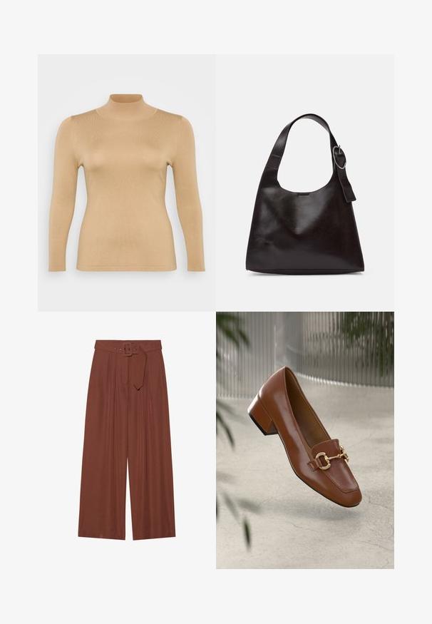 Šviesiai rudas golfas su ilgomis rankovėmis, raibotu paviršiumi, prigludusia forma ir aukštu apykakle. Glotnus audinys be matomų papuošimų.; Plačios kelnių kelnės rudos spalvos audinyje, su diržu su kvadratiniu sagtimi, klostuotų dizainu ir lygiu paviršiumi.; Rudi lakinės odos loafer'iai su kvadrato formos nosimi, metalinėmis grandinėlių detalėmis ir žemu blokiniu kulnu; sklandus tekstūra, minimalistinis dizainas.; Ruda odinė petinė kuprinė su lygiu paviršiumi, apvalia forma, plačia juosta ir apvaliu metaliniu akcentu ant rankenos.