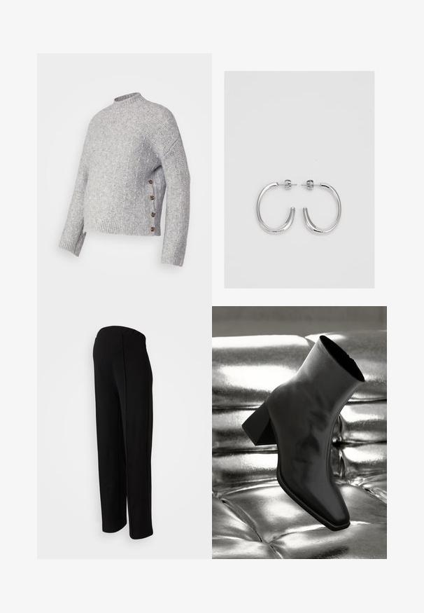 Pulover gri tricotat, cu guler înalt, tiv cu nervuri, model texturat și nasturi maro pe lateral. Material moale, croială lejeră.; Pantaloni negri, cu talie înaltă și croi drept, având o textură netedă și fără închideri vizibile, evidențiați de detalii la cusăturile laterale.; Cizme negre până la gleznă, realizate dintr-un material lucios, cu vârf pătrat și toc conic, plasate pe un fundal strălucitor de argint, cu un model tuftat.; Cercei creole din argint cu suprafață netedă și lucioasă, având o formă curbată și închidere cu tija. Design minimalist cu un finisaj modern.
