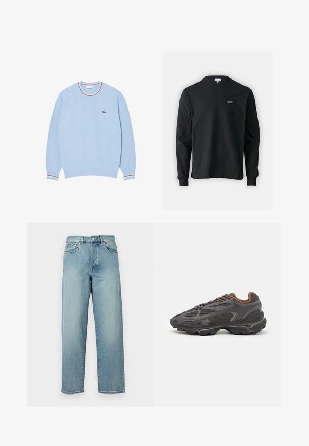 Lichtblauwe sweatshirt met een ronde hals, ribgebreide mouwen en een meerkleurige gestreepte kraag. Bevat een klein groen logo op de borst.; Zwarte longsleeve t-shirt van katoen, met een ronde halslijn en een klein groen geborduurd krokodillenlogo op de linkerborst.; Lichtblauwe denim jeans met een losse pasvorm, rechte pijpen, een vijfzakkenontwerp en een knoopsluiting bij de taille. Minimalistische stikdetails.; Lacoste sneakers in donkergrijs van mesh en synthetisch materiaal, met een gestructureerde zool en bruine accenten op de kraag en branding.