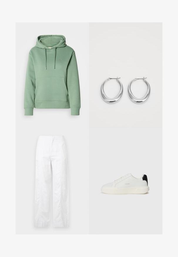 Green cotton hoodie with a front pocket, drawstring hood, and ribbed cuffs. Features a small embroidered logo on the chest.; White wide-leg trousers made of lightweight fabric, featuring a smooth texture, clean lines, and a high waist design.; White sneaker with a smooth leather upper, round toe, lace closure, and a contrasting black heel accent. Features a textured rubber sole.; Pair of polished silver crescent hoop earrings with hinged clasps on a white background.