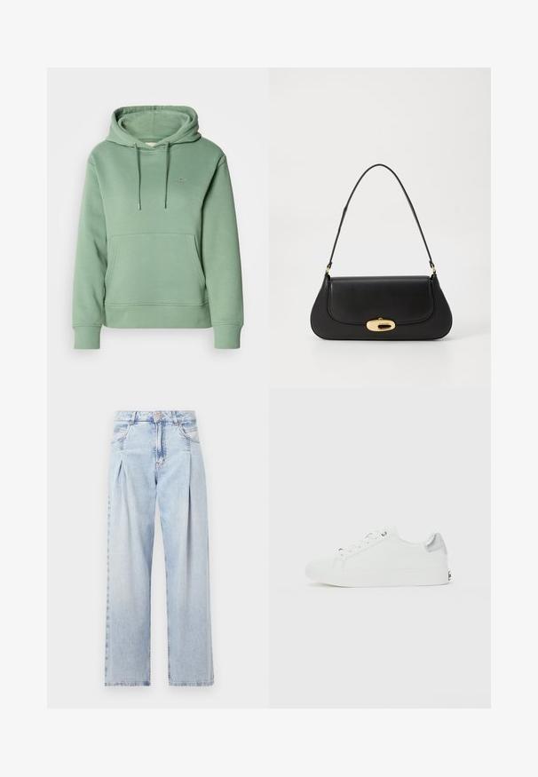 Zielona bawełniana bluza z kapturem, z kieszenią z przodu, regulowanym kapturem i ściągaczami na mankietach. Posiada małe haftowane logo na piersi.; Jasnoniebieskie dżinsy z wysokim stanem, szerokimi nogawkami, dwoma bocznymi kieszeniami oraz plisowanym wzorem. Miękka tekstura z wyblakłym wykończeniem.; Białe niskie trampki z sznurowanym przodem i srebrnym akcentem na pięcie, eksponowane na gładkim białym tle.; Czarna skórzana torebka o zaokrąglonym kształcie, z metalowymi elementami w kolorze złotym i górnym uchwytem. Posiada eleganckie zapięcie i gładką fakturę.