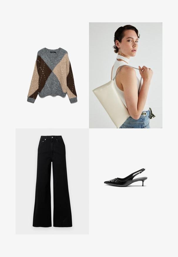Szary, beżowy i brązowy sweter dzianinowy z wzorem diamentowym, szerokim okrągłym dekoltem i teksturowanym wykończeniem. Z elementami kontrastującego, białego przeszycia.; Czarne jeansy o szerokich nogawkach wykonane z denimu, z wysokim stanem, pięcioma kieszeniami, przednim zapięciem na guziki oraz minimalistycznymi detalami szwów.; Czarne skórzane szpilki na ramiączku z ostrym noskiem, małym słupkiem i ozdobnym węzłem z przodu. Gładka faktura na całej powierzchni.; Biała prostokątna kopertówka wykonana z błyszczącego materiału, z srebrnym łańcuszkiem. Modelka pozuje, prezentując torebkę na jednolitym tle.
