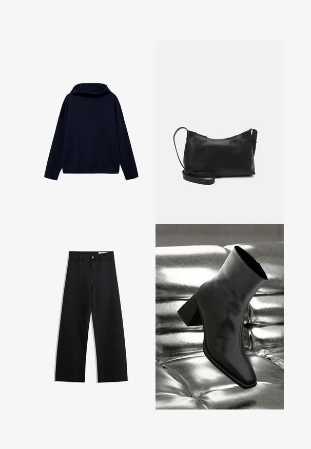 Marineblauer Pullover mit hohem Kragen, weiten Ärmeln und lockerem Schnitt. Weiche Textur und minimalistisches Design ohne sichtbare Muster oder Hardware.; Schwarze weit geschnittene Jeans mit hoher Taille, ausgestattet mit Vorder- und Hintertaschen, gesteppten Nähten und einem Knopfverschluss. Glatte Textur.; Schwarzer Knöchelstiefel aus glänzendem Material mit quadratischer Zehenform und verjüngtem Absatz, vor einem glänzenden silbernen gepolsterten Hintergrund.; Schwarze Ledertasche für die Schulter mit glatter Textur, geschwungener Form, verstellbarem Tragegurt und Reißverschluss. Minimalistisches Design ohne Verzierungen.