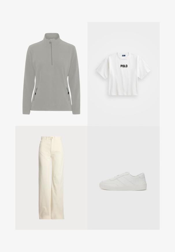Gai pelēks vilnas puloveris ar augstu kakla daļu, ar puszipsa slēgšanu, sānu kabatām ar rāvējslēdzēju un gludu tekstūru. Vienkāršs logo uz krūtīm.; Balta kokvilnas T-krekls ar īsām piedurknēm, ar melnu izšūtu "POLO" logo priekšpusē. Vienkāršs, kvadrātveida dizains.; Polo Ralph Lauren COTTON CORDUROY WIDE-LEG PANT - Auduma bikses - warm white; Baltās ādas apavi ar plakaniem auklām, noapaļotu purngali un smalkiem šuvju elementiem. Iezīmēts ar teksturētu zoli un iespiestu zīmola logo uz papēža.