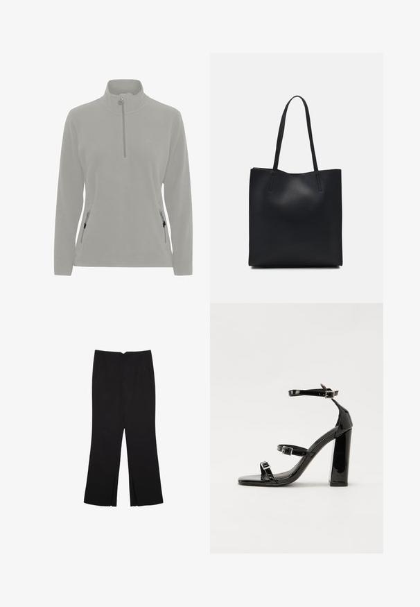 Lysegrå fleecepullover med høj hals, halv lynlås, sidelommer med lynlås og en glat tekstur. Enkel logo på brystet.; Sorte bukser med lige pasform, der har frontlommer og slidser i kanten. Lavet af blødt, glat stof. Velegnet til forskellige anledninger.; Sorte patenterede hælsandaler med firkantet tå, ankelremme og sølvspænder. Har en chunky blokHæl for stabilitet.; Sort læder tote taske med glat tekstur, rektangulær form og to lange hanke. Ingen synlig hardware eller udsmykninger.
