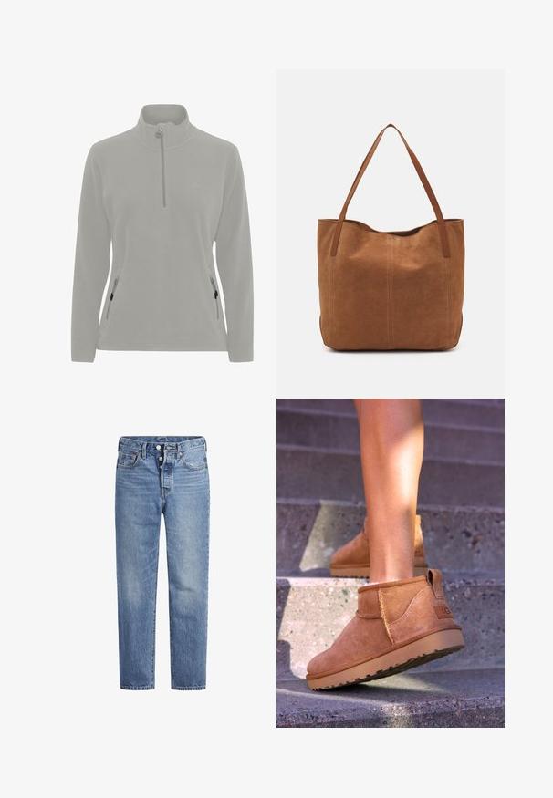 Light gray fleece pullover with a high neck, half-zip closure, side pockets with zippers, and a smooth texture. Simple logo on chest.; Light blue denim jeans with a straight cut, five-pocket design, and a button fly. Features subtle fading and orange stitching accents.; Tan suede ankle boots with a soft texture, stitched detailing, and a rubber sole, featuring a looped heel for easy wear.; Brown suede tote bag with two long handles, featuring a smooth texture, simple design, and no visible hardware or accents.