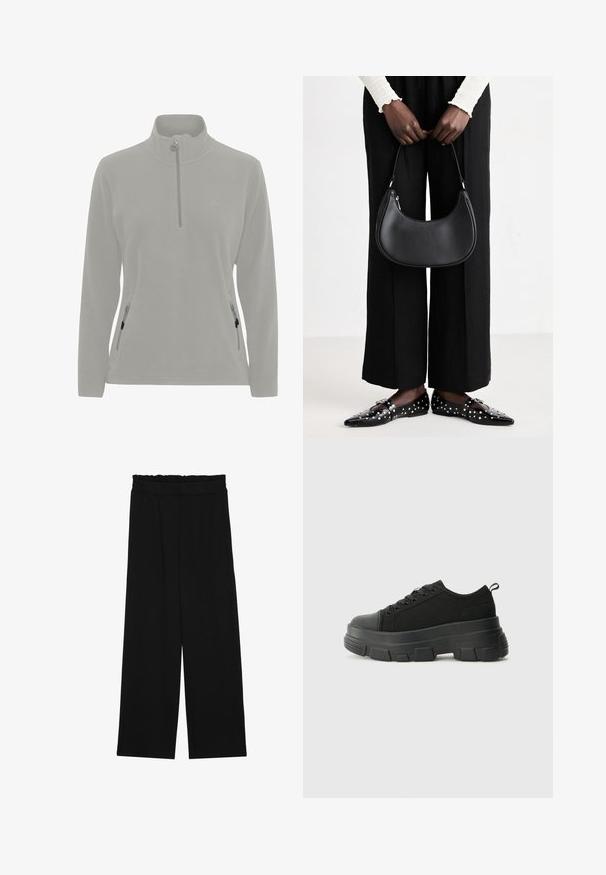 Lys grå fleecegenser med høy hals, halv glidelås, sidelommer med glidelås og en glatt tekstur. Enkel logo på brystet.; Svarte vide bukser med rynket liv, med to sidelommer og et glatt, lett stoff. Ingen synlige mønstre eller metalldeler.; Svarte sneakers med en kraftig gummisåle, teksturert stoffoverdel, rund tå og snøring. Har forsterkede snørehull og bakre trekkstang.; Svart skinn skulderveske med en avrundet form, glanset overflate og sølvfargede detaljer. Person iført sorte vide bukser og naglede loafers.