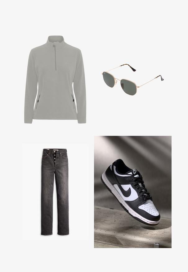 Hellgrauer Fleece-Pullover mit hohem Kragen, halber Reißverschluss, seitlichen Taschen mit Reißverschluss und einer glatten Textur. Einfaches Logo auf der Brust.; Schwarze hochgeschnittene Jeans mit geradem Bein, aus Denim gefertigt. Verfügt über einen Knopfverschluss, Kupferakzente und Kontrastnähte.; Schwarz-weißer Nike Dunk Low Sneaker mit Lederobermaterial, perforiertem Zehenbereich und schwarzen Schnürsenkeln, ausgestattet mit einer weißen Sohle und Logo-Akzenten.; Goldfarbene Metallrahmen-Sonnenbrillen mit dunkelgrünen Gläsern im Pilotenstil, mit schlanken Bügeln und Schildpatt-Akzenten an den Spitzen.