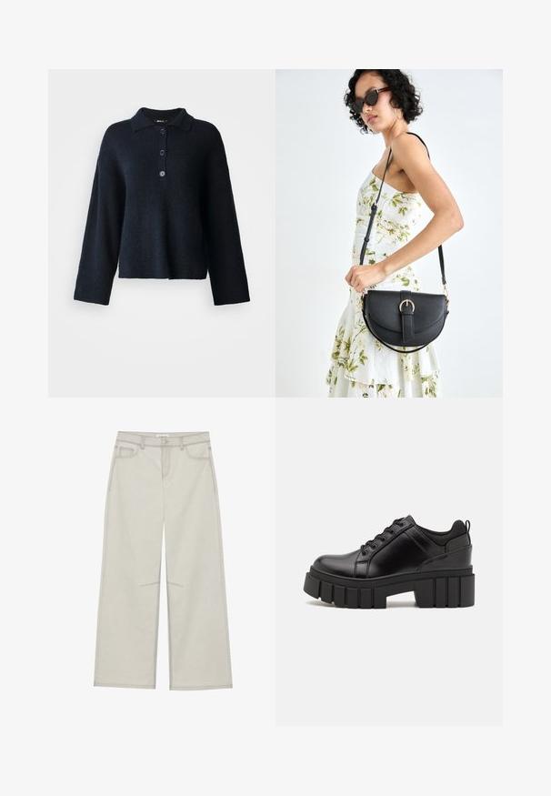 Mornarsko modra pletena jopica s ovratnikom, zapenjanjem na tri gumbe in dolgimi rokavi, ki ponuja teksturiran vzorec tkanine.; Svetlo sivi široki hlače s pet žepov, sprednjem zapiranju na gumb in kontrastnim šivom ob šivih. Tkanina izgledata mehka in trpežna.; Črne usnjene platforme z debelim blokastim petam, okroglo konico in klasičnim vezanjem. Imajo gladko teksturo in minimalne podrobnosti.; Črna usnjena torbica s ukrivljeno obliko, z odstranljivo naramnico in zlatimi dodatki. Torbica ima pokrov s podrobnostmi v obliki zaponke.