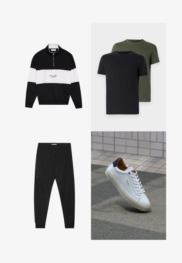 Pier One Felpa - jet black; Due magliette a girocollo in nero e verde oliva, realizzate in morbido cotone. Il design è semplice, con maniche corte e un taglio dritto.; Pantaloni sportivi neri in tessuto texturizzato, dotati di una vita regolabile, tasca laterale con zip e polsini a gamba affusolata.; Sneaker bianca in pelle con tallone blu, punta rotonda e accenti marroni a contrasto. Presenta lacci piatti e suola in gomma testurizzata.