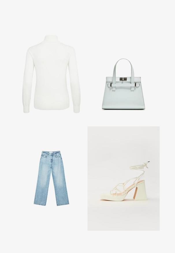 Bílý svetr s dlouhými rukávy a vysokým límcem. Měkká pletenina, přiléhavý střih a vroubkované manžety a lem pro texturu a tvar.; Světle modré džíny s širokými nohavicemi a vysokým pasem, s bledým odstínem a malými, rozptýlenými detaily opotřebení po celém povrchu.; Bílé sandály na vysokém podpatku s robustním podpatkem, s designem s pásky a zavazováním kolem kotníku. Hladký povrch s platformou vpředu pro zvýšení výšky.; Světle modrá kabelka se strukturovaným designem, dvěma držadly a stříbrným kováním. Texturovaný materiál a ostré rohy.